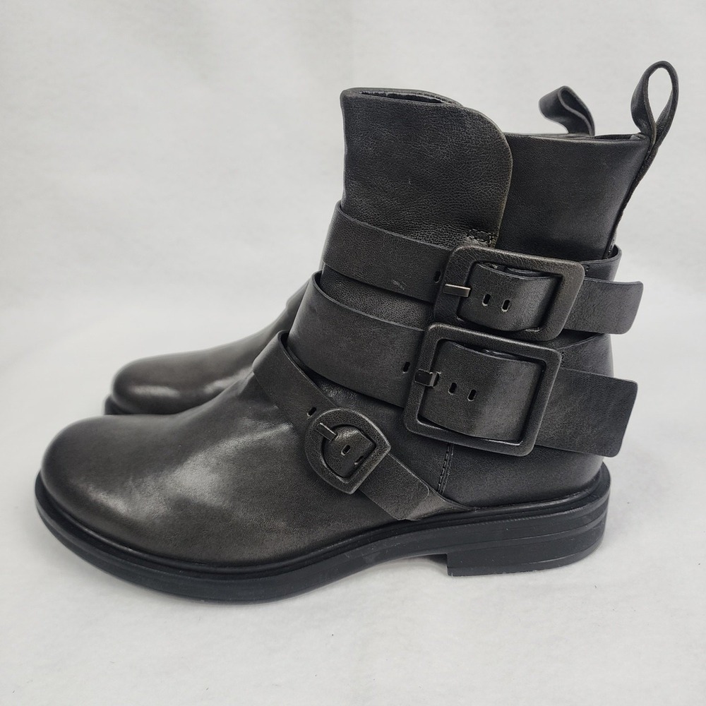 Miz Mooz Casper Womens 8.5 9 Biker Moto Boot Gray Leather Triple Buckle Side Zip